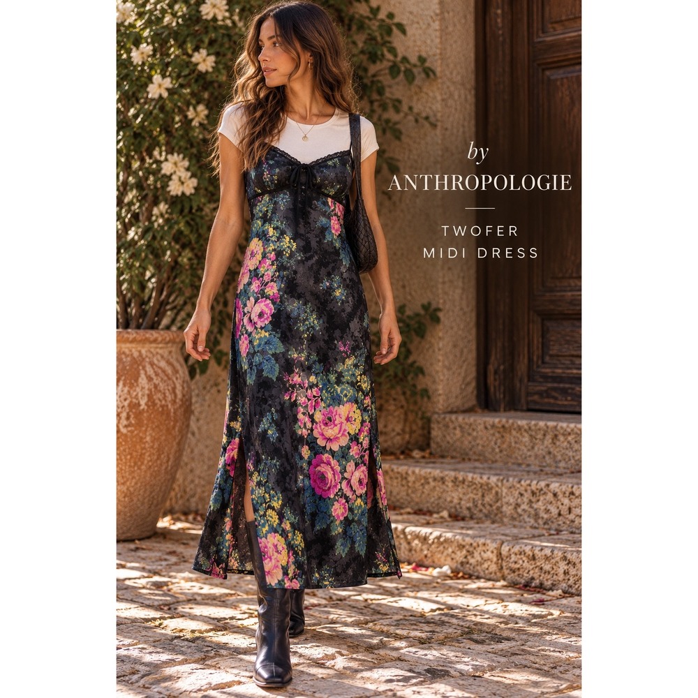By Anthropologie Twofer Floral Midi Dress 90s Whimsigoth